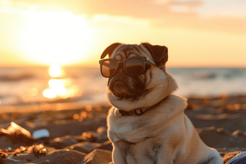 Pug wearing sunglasses beach dog outdoors.