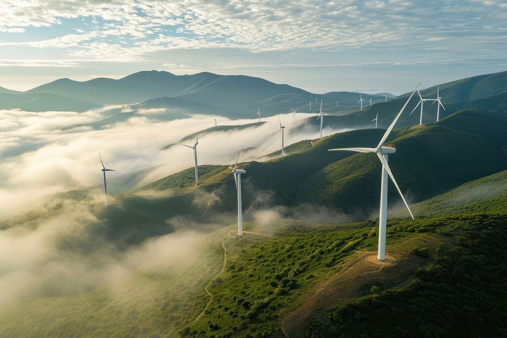 Wind farms in the mountains with fog on the mountain windmill outdoors turbine.