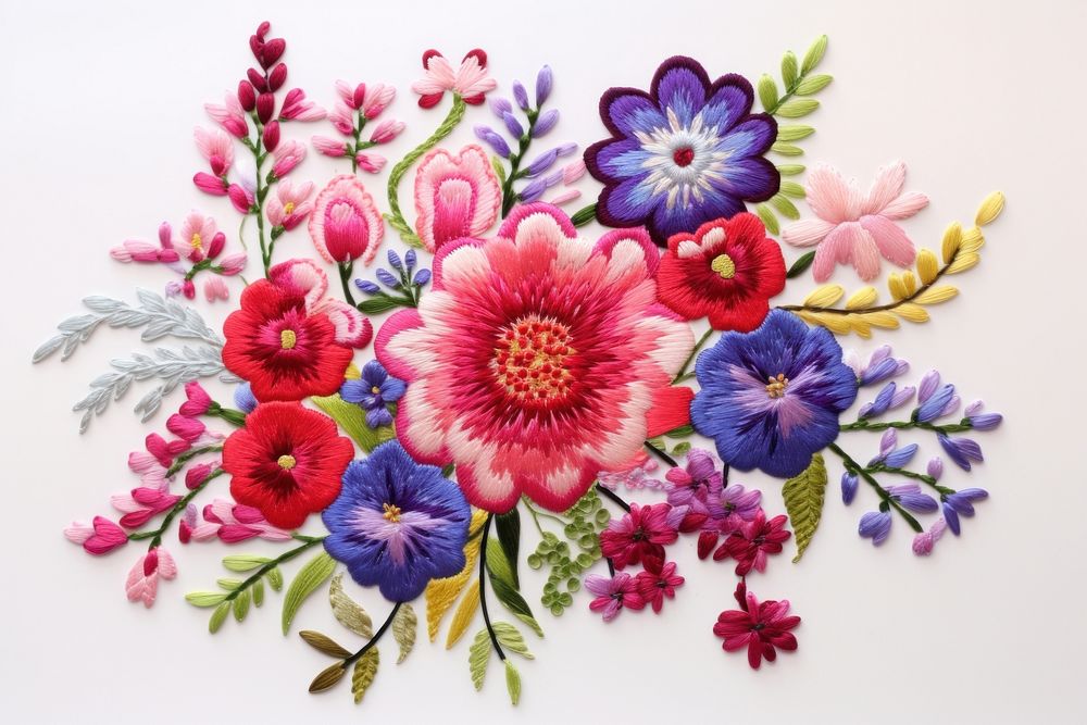 Bouquet in embroidery style pattern art inflorescence.
