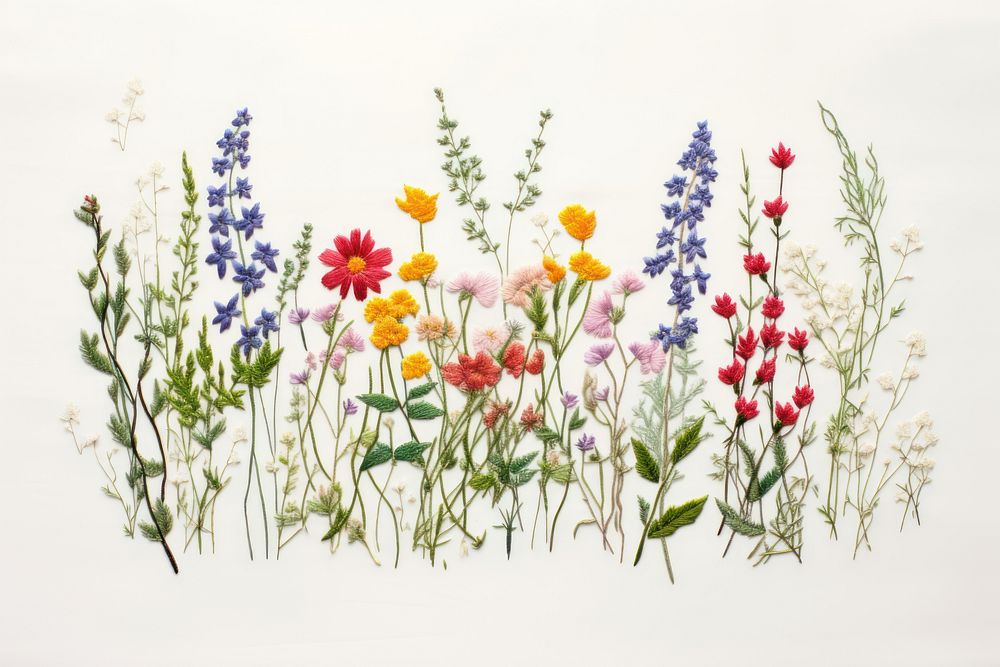 Wildflower in embroidery style pattern plant herbs.