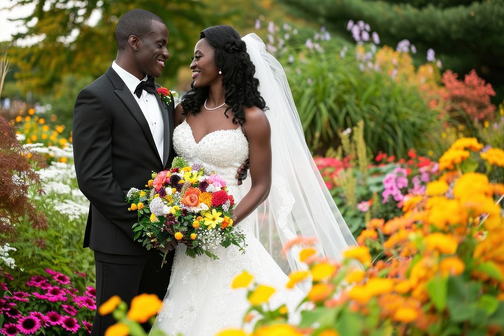 Black couple standing together in their wedding flower portrait smiling.