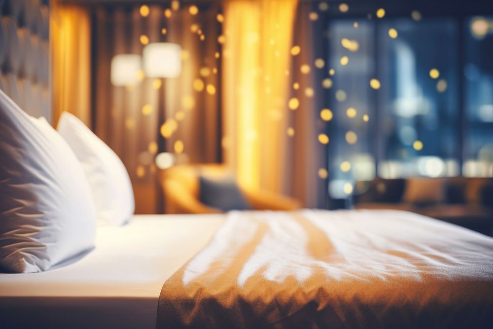 Hotel bed furniture defocused lighting. AI generated Image by rawpixel.