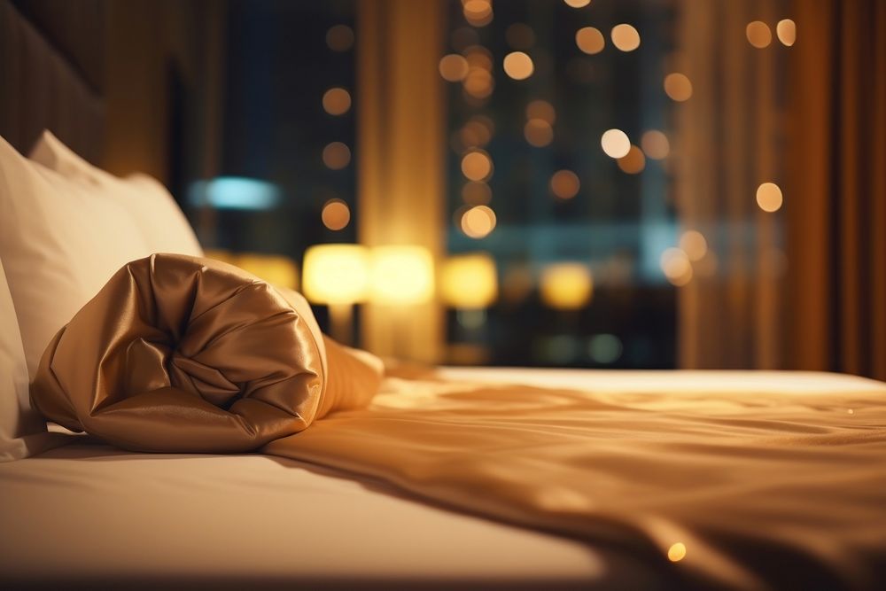 Hotel bed furniture defocused blanket. AI generated Image by rawpixel.
