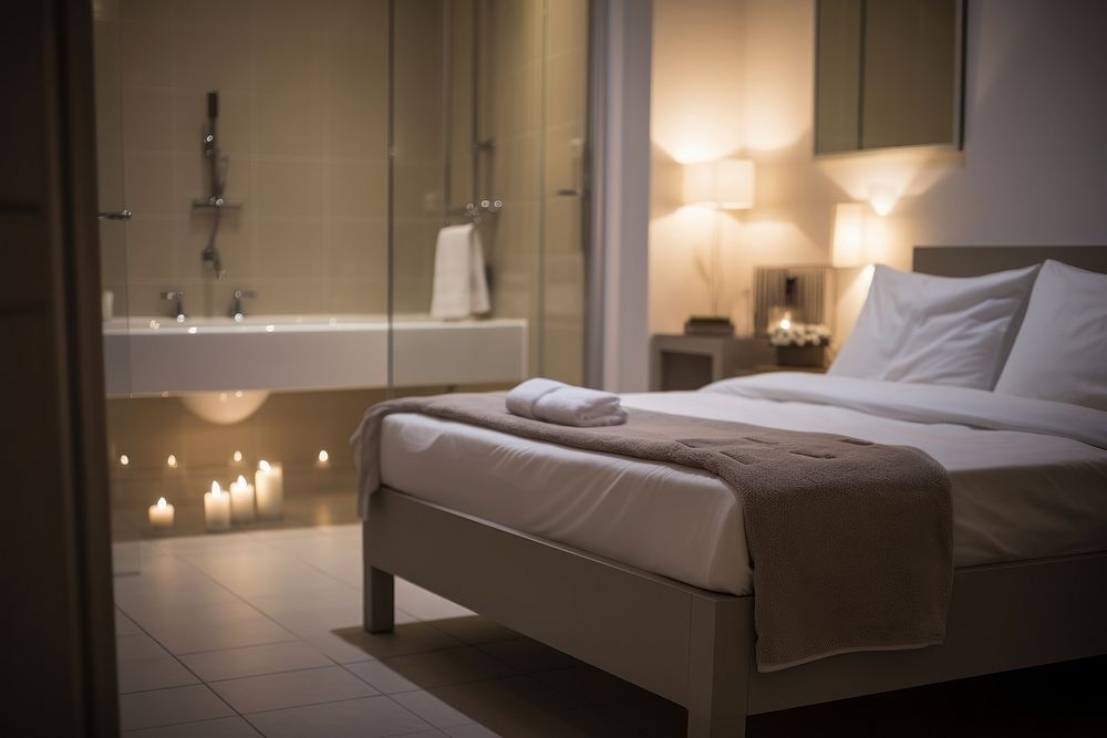 Hotel bedroom bathtub furniture light. AI generated Image by rawpixel.