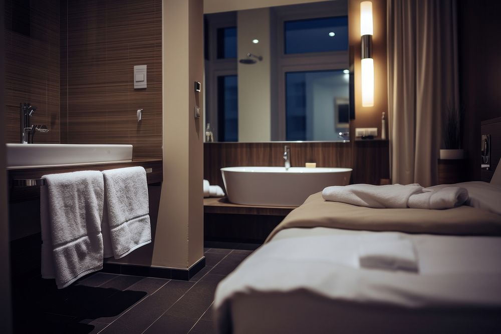 Hotel bedroom bathtub furniture sink. AI generated Image by rawpixel.