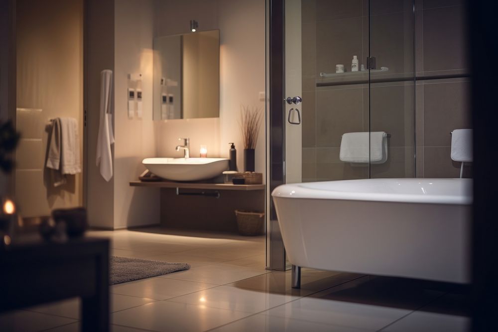 Hotel bedroom bathtub bathroom toilet. AI generated Image by rawpixel.