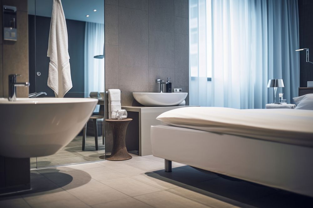 Hotel bedroom bathtub furniture toilet. AI generated Image by rawpixel.