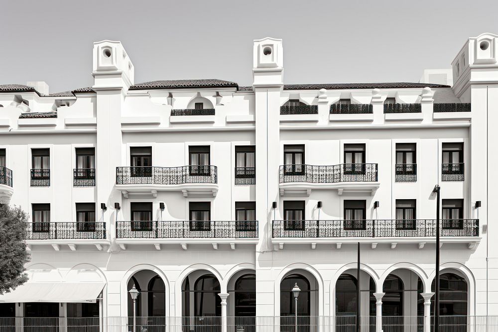 Hotel with a black and white color scheme architecture building facade. AI generated Image by rawpixel.