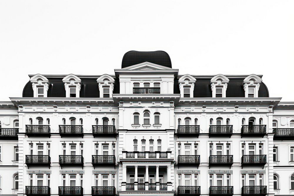 Hotel with a black and white color scheme architecture building facade. AI generated Image by rawpixel.