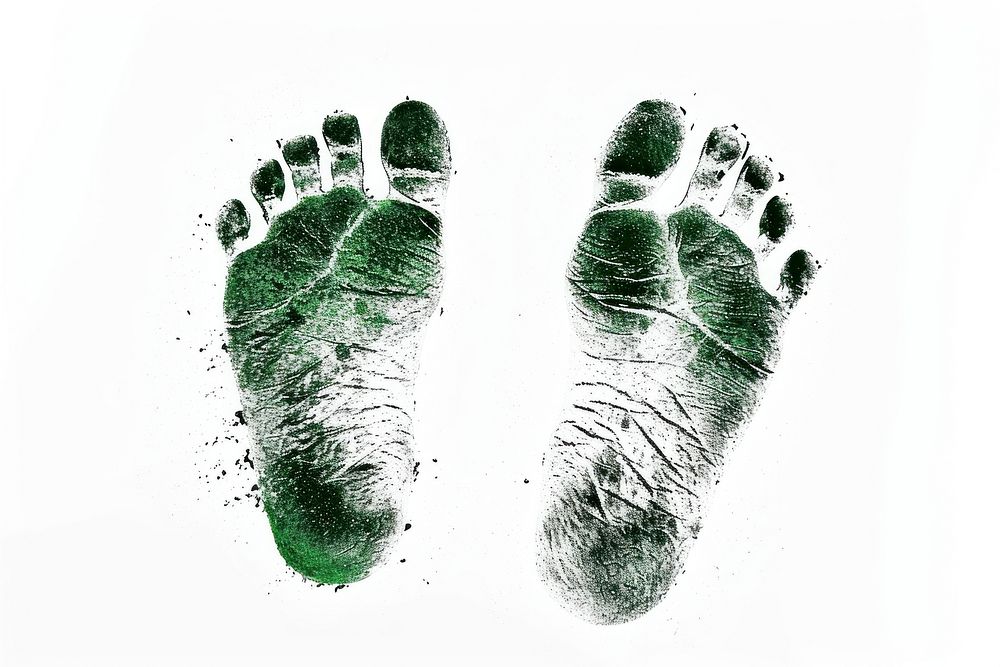 Featuring left and right foot green imprints of a bady on a white background footprint footwear pattern.