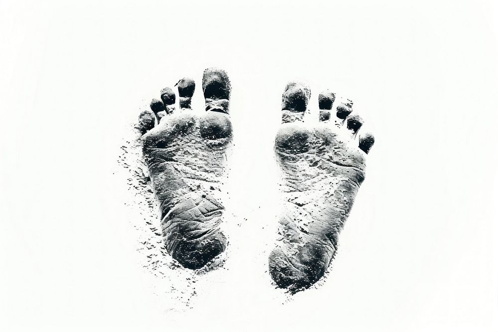 Featuring left and right foot imprints of a human on a white background monochrome footprint barefoot.