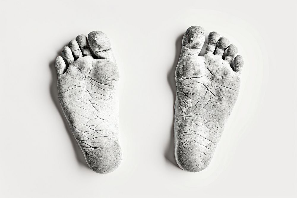 Featuring left and right foot imprints of a human on a white background monochrome footwear barefoot.