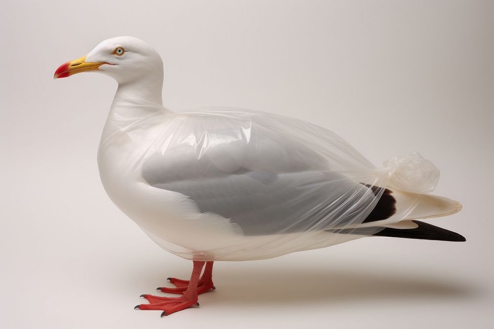 Plastic wrapping over a seagull animal goose white.
