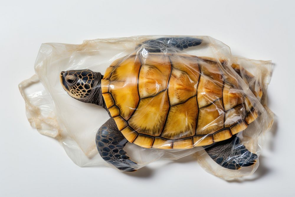 Plastic wrapping over sea turtle reptile animal white background.