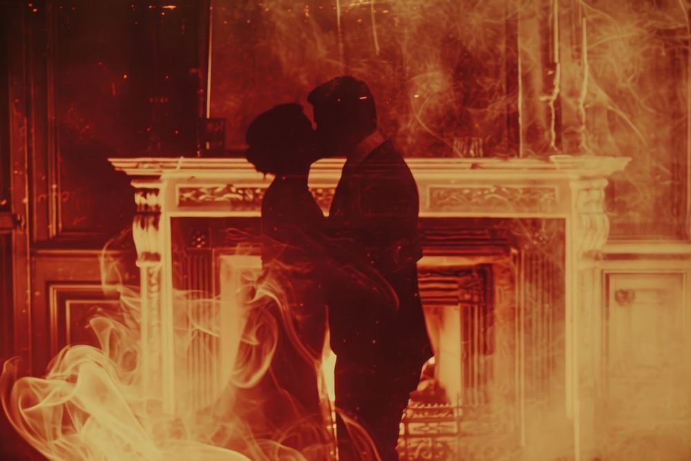 Black couple kissing fireplace romantic adult.