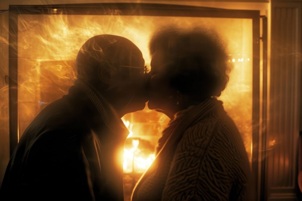 Black couple kissing fireplace romantic adult.