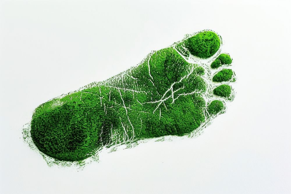 The green foot imprint of a woman on a white background plant leaf vegetation.