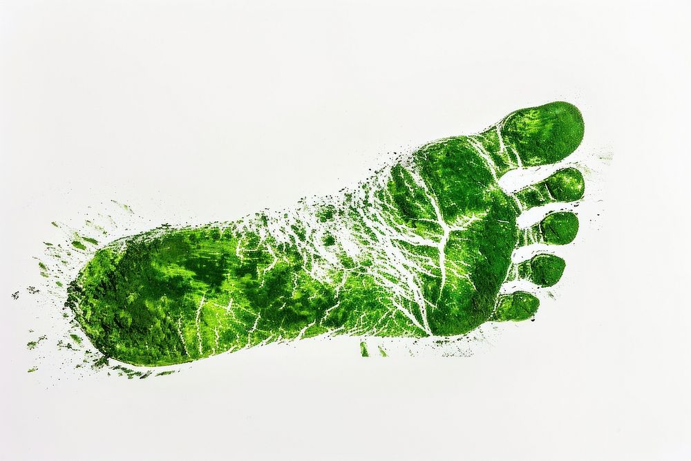The green foot imprint of a woman on a white background splattered footprint drawing.
