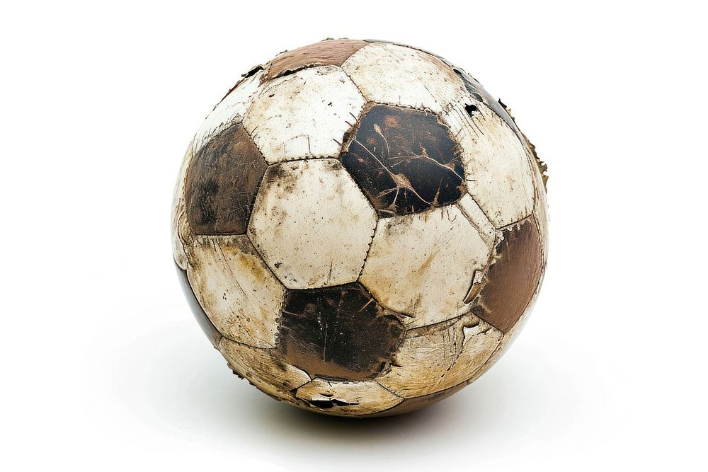 Worn out soccer ball football sports white background.