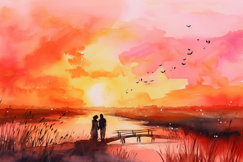 Black couple in their wedding attire painting outdoors sunset.