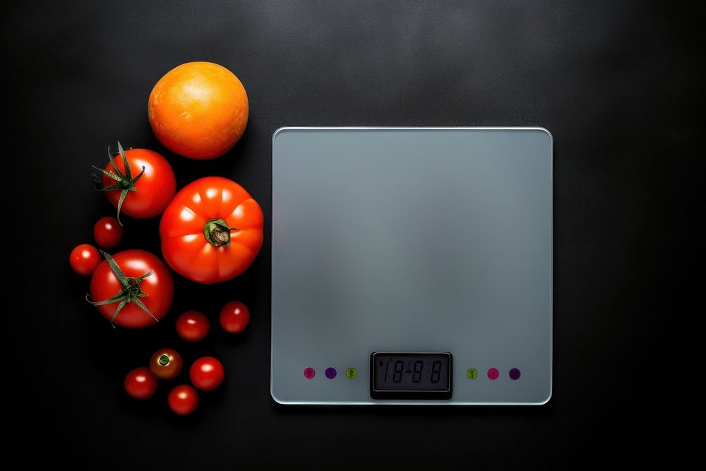 Weight scale with vegetable tomato plant food.