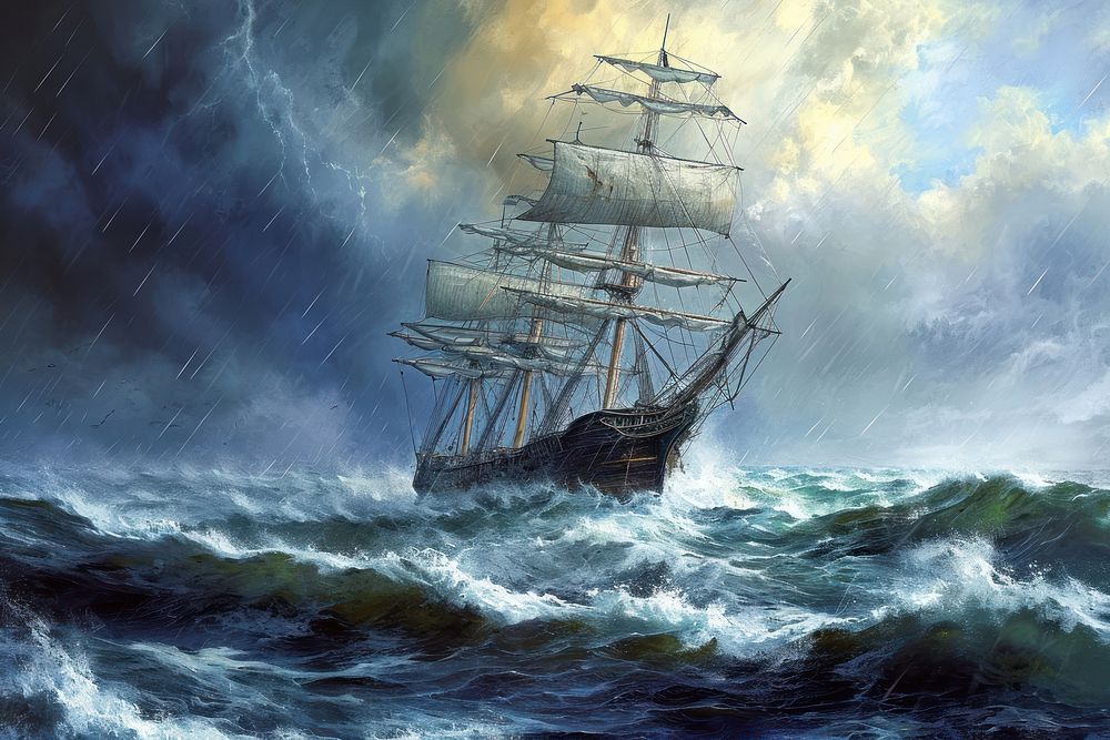 Tall ship in the storm sailboat outdoors painting.