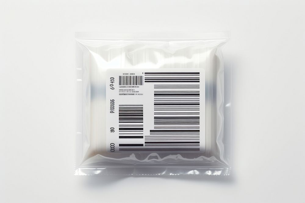 Plastic wrapping over a barcode label text white background technology.