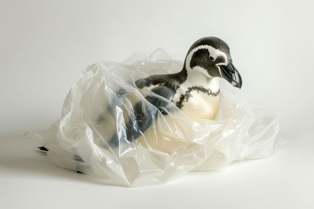 Plastic wrapping over a penquins penguin animal bird.