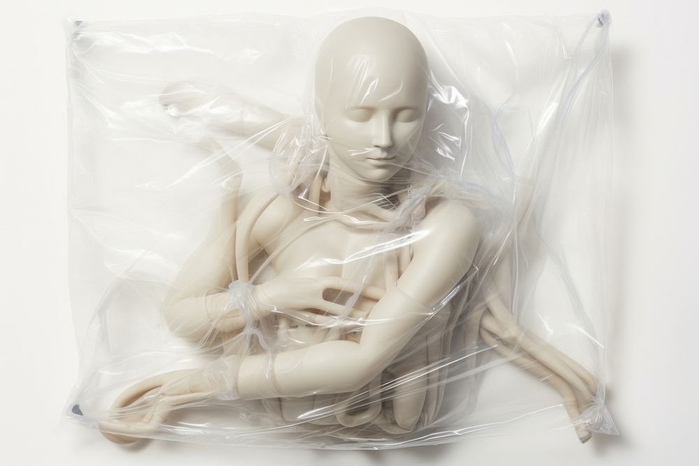 Plastic wrapping over a robot white background person human.