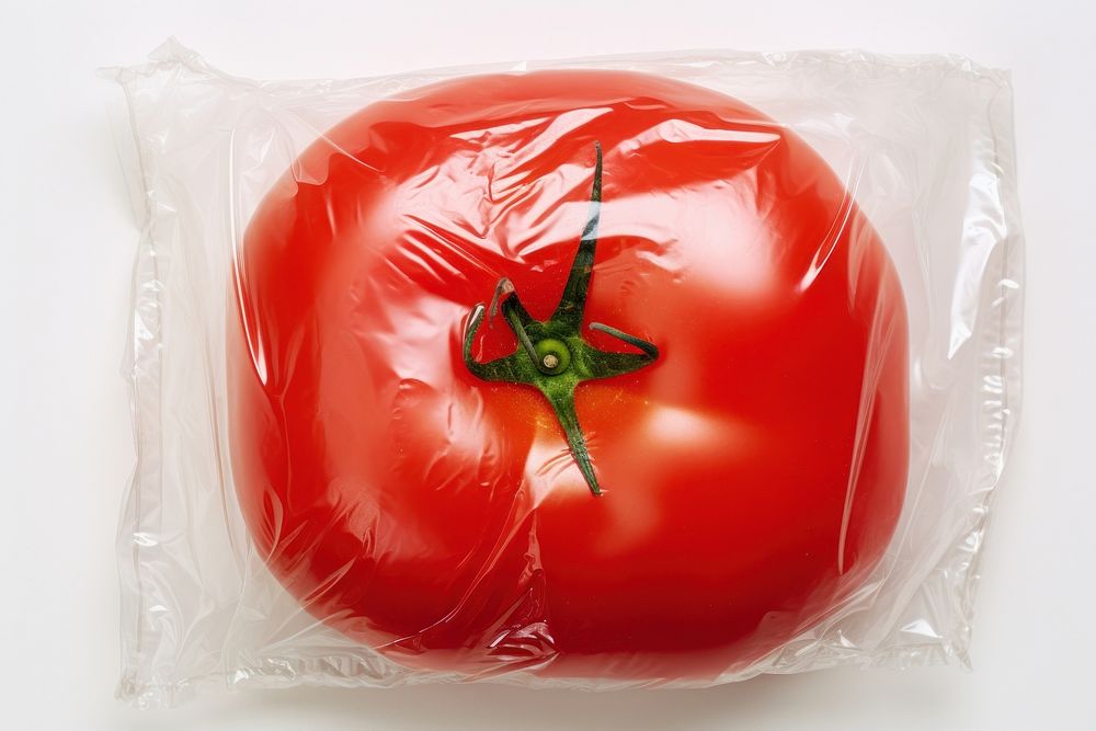 Plastic wrapping over a rotten tomato vegetable plant food.