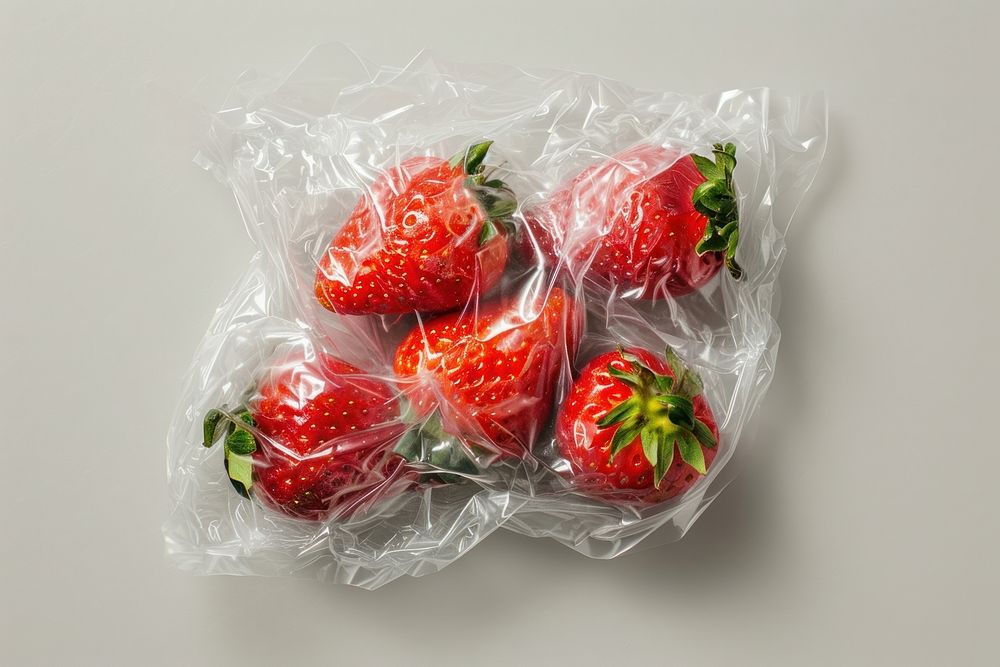 Plastic wrapping over a rotten strawberries strawberry fruit plant.