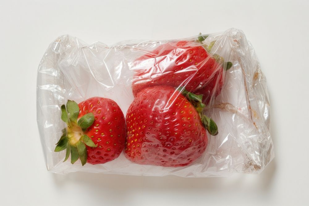 Plastic wrapping over a rotten strawberries strawberry fruit plant.