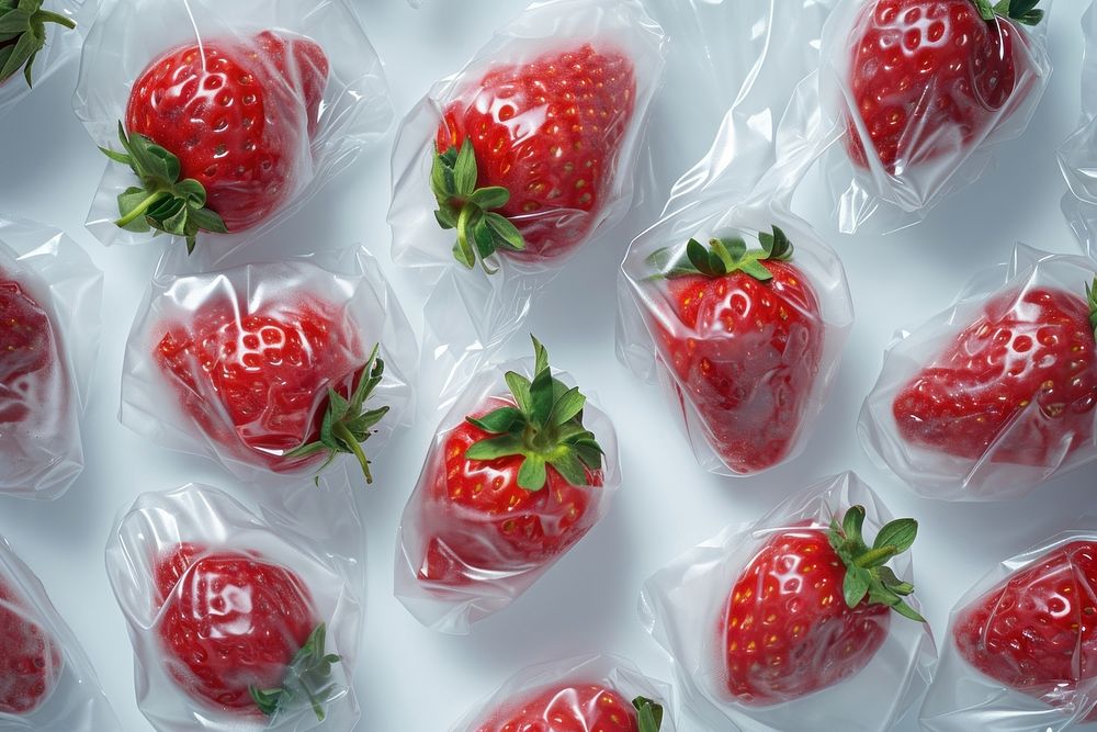 Plastic wrapping over a rotting strawberries backgrounds strawberry fruit.