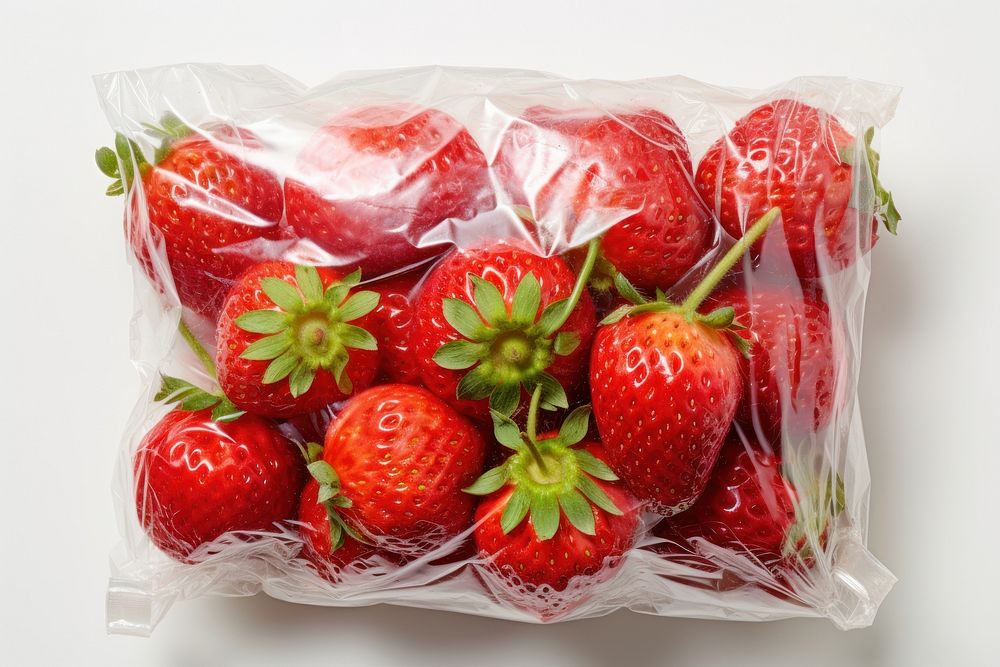Plastic wrapping over a strawberries strawberry fruit plant.