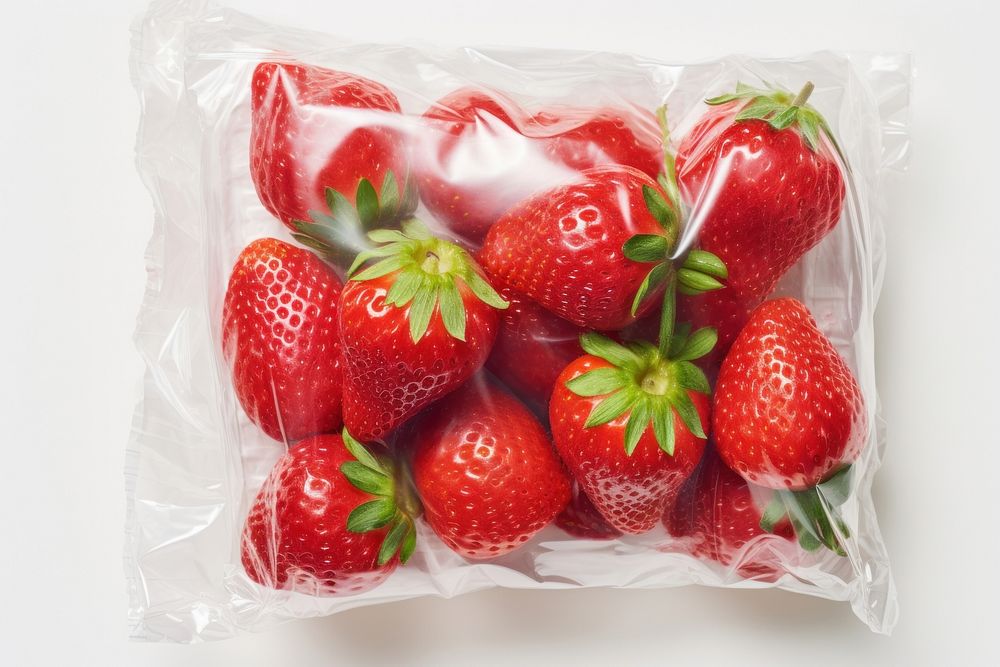 Plastic wrapping over a strawberries strawberry fruit plant.
