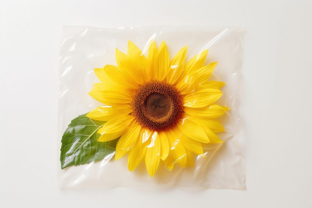 Plastic wrapping over a sunflower plant inflorescence asterales.