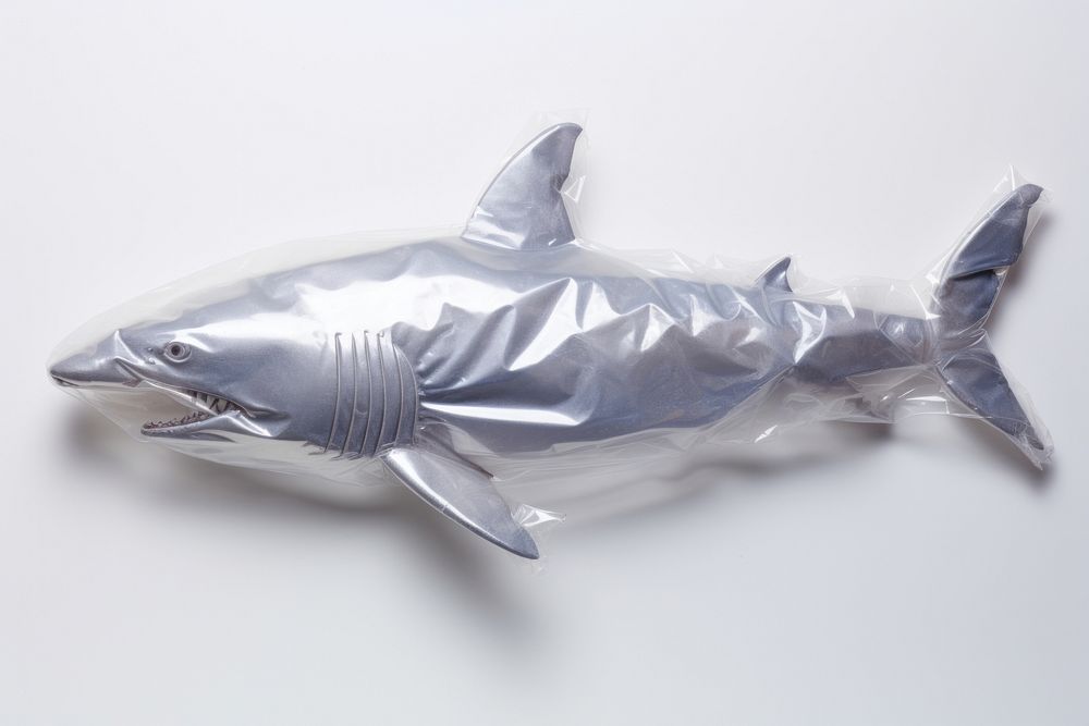 Plastic wrapping over a shark animal fish white background.