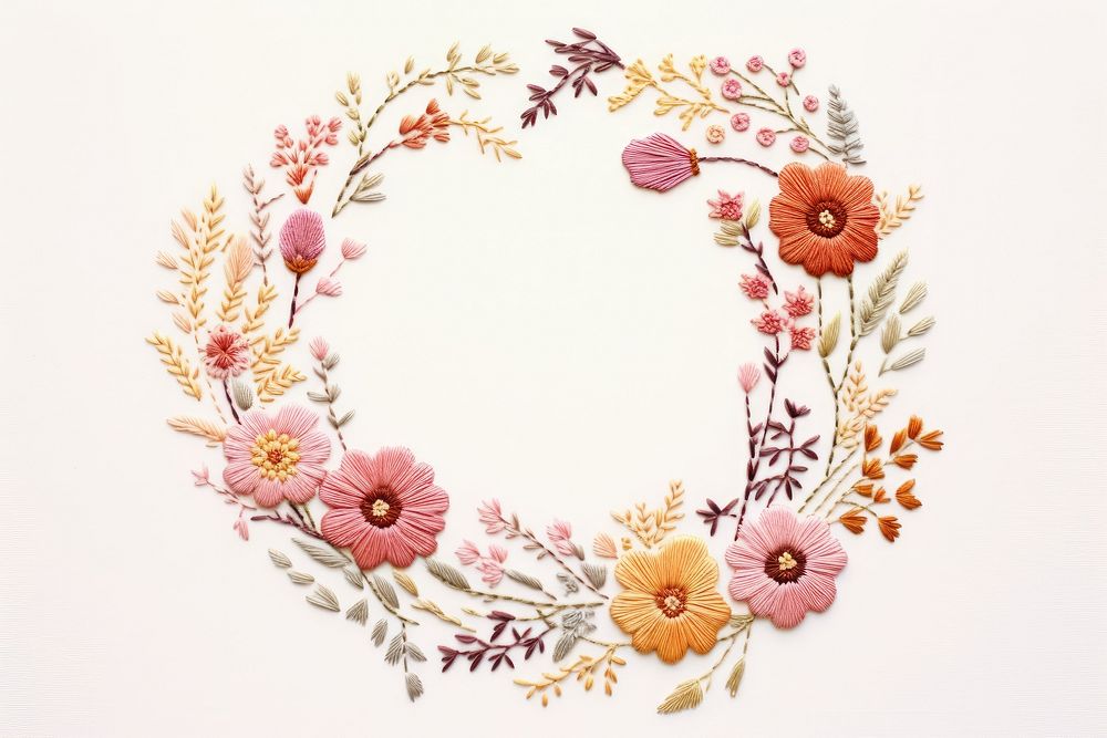 Embroidery of floral wreath pattern stitch art.