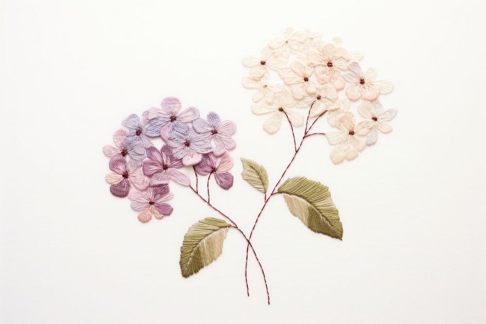 Embroidery of hydrangea blossom flower plant.