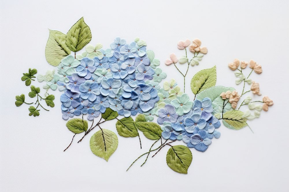 Embroidery of hydrangea flower plant leaf.