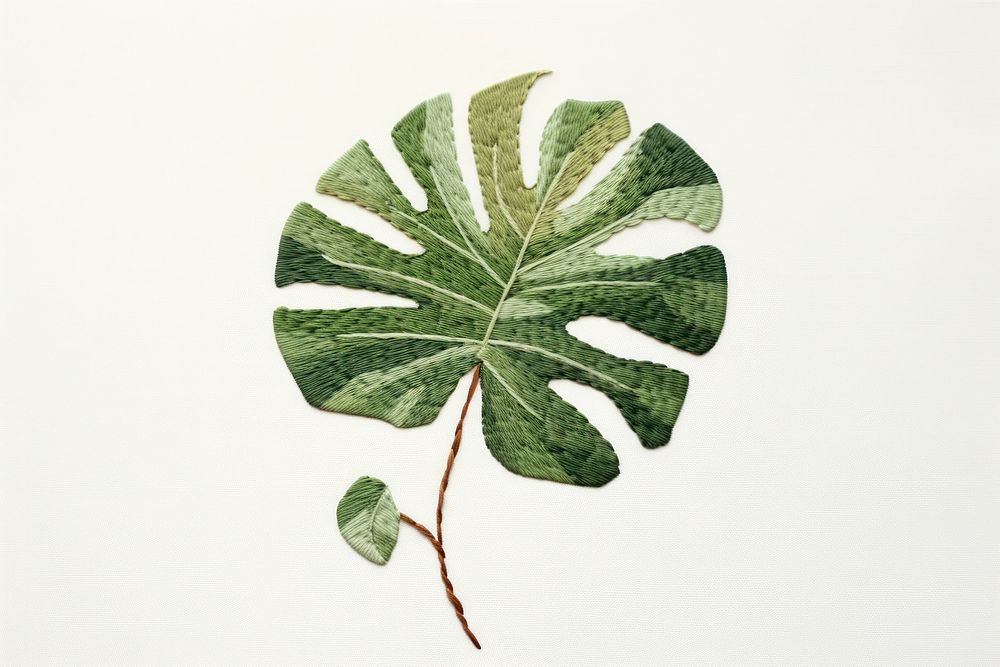 Embroidery of monstera plant leaf pattern.