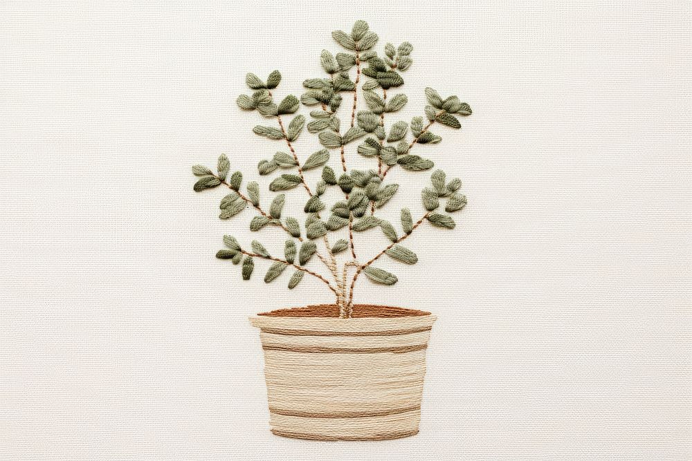 Embroidery of potted plant bonsai leaf vase.