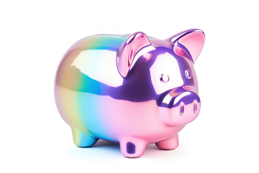 Metal piggy bank iridescent mammal white background representation.