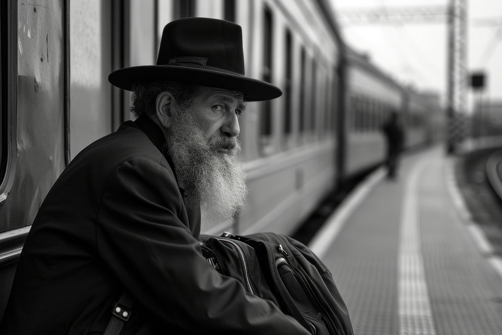 Israeli man passenger waiting on railway station train portrait vehicle.