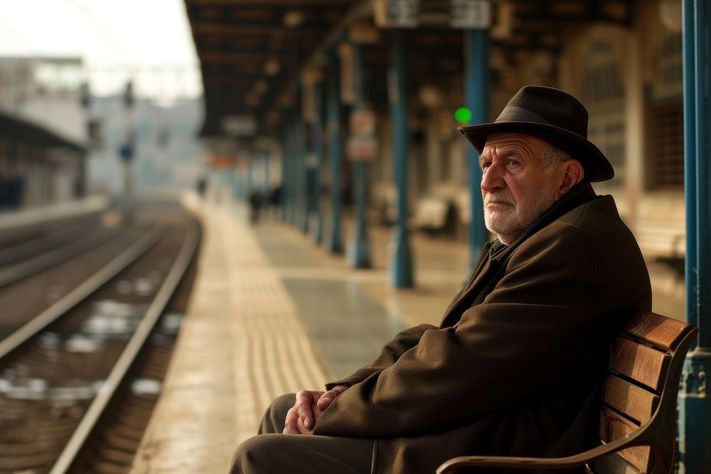 Israeli man passenger waiting on railway station train portrait sitting.