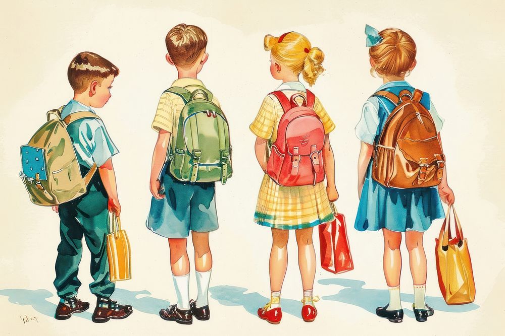 Vintage illustration 5 kids footwear backpack school.