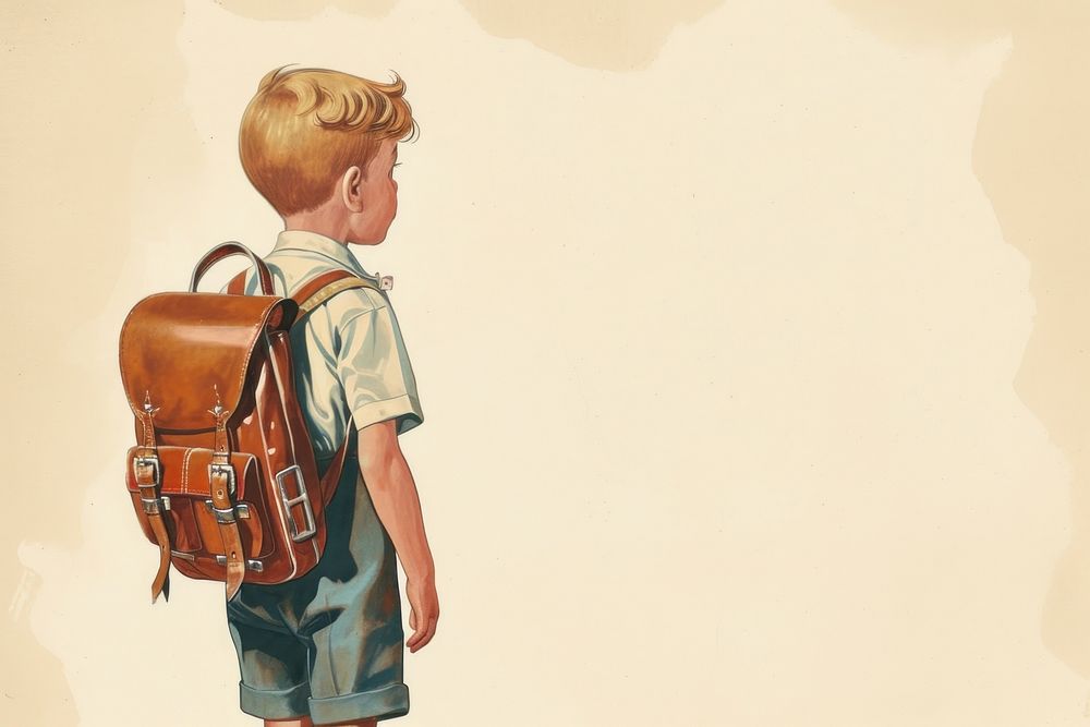 Vintage illustration little boy backpack child bag.