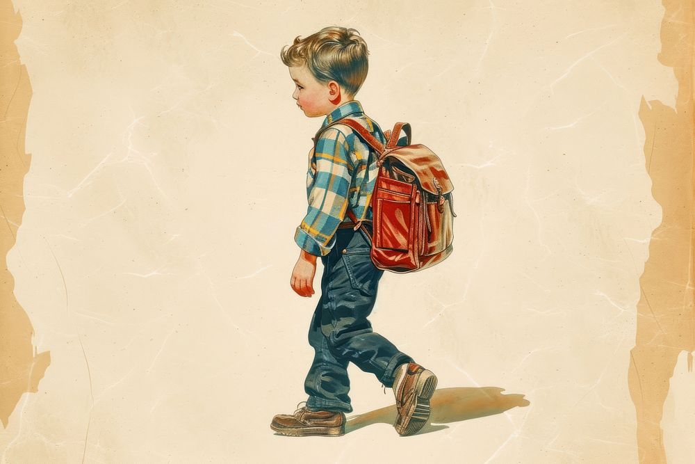 Vintage illustration little boy backpack footwear portrait.