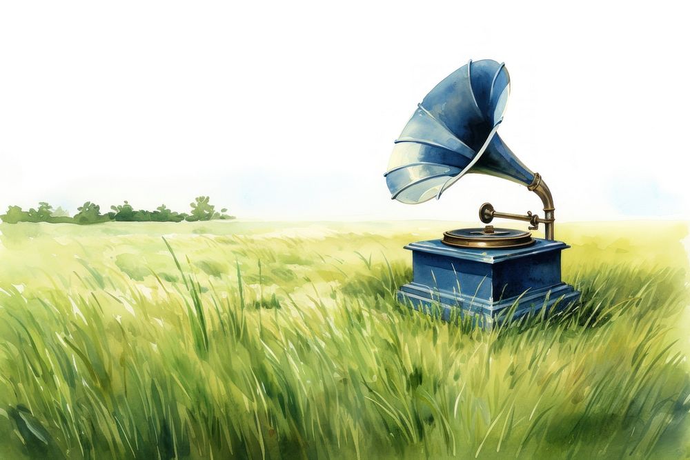 Gramophone in the middle of grass field outdoors plant broadcasting. AI generated Image by rawpixel.