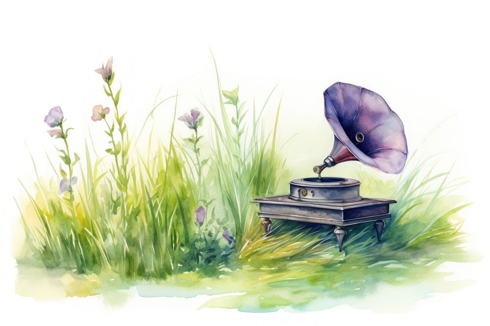 Gramophone in the middle of grass field flower plant water. AI generated Image by rawpixel.
